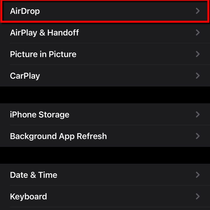 iPhone Select AirDrop Settings