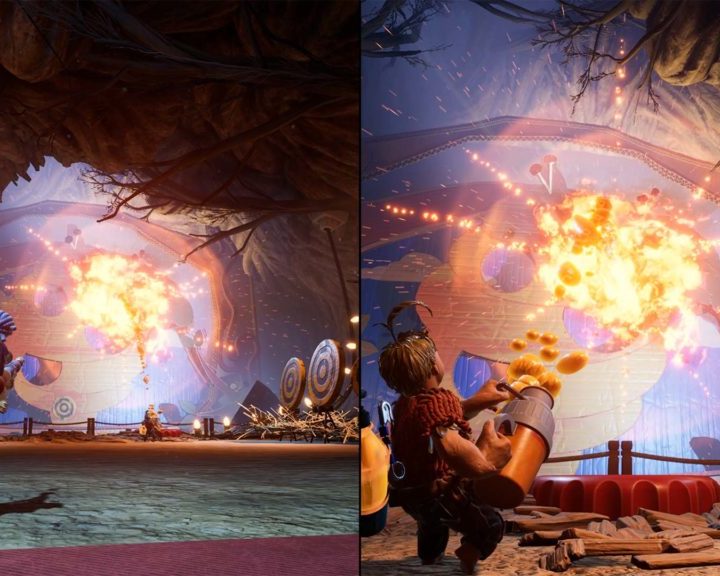 A split-screen view of both characters in the multiplayer game It Takes Two.