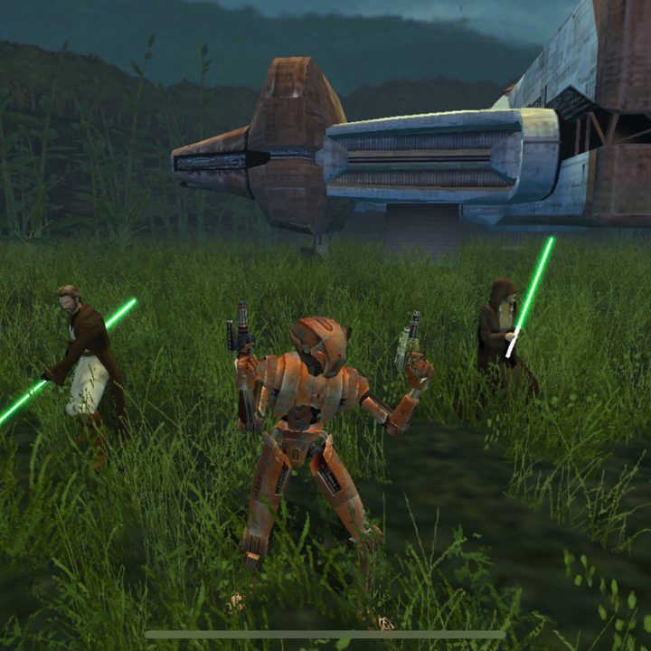 HK-47 and two Jedi in a grassy field.