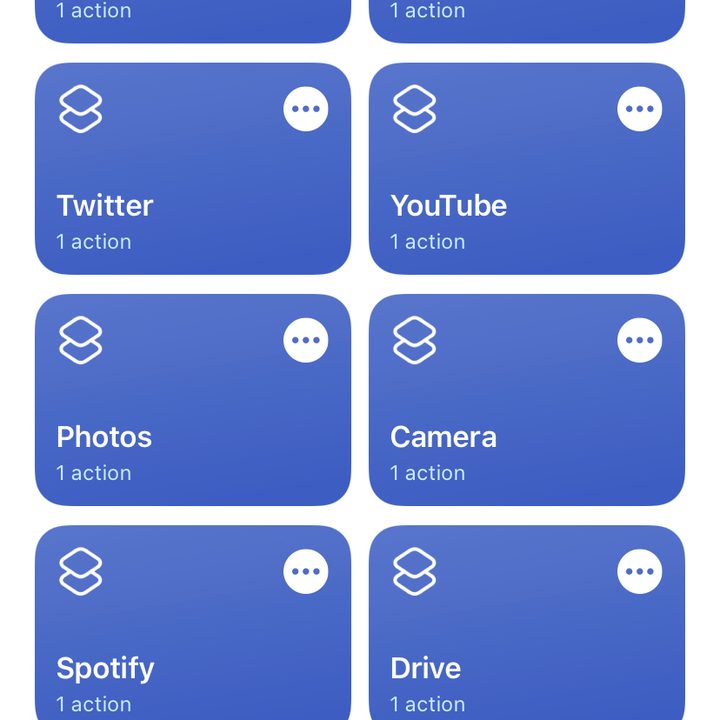 Screenshot of Siri Shortcuts app with menu of created shortcuts.