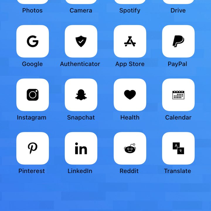 iPhone home screen with custom white app icons on blue wallpaper.