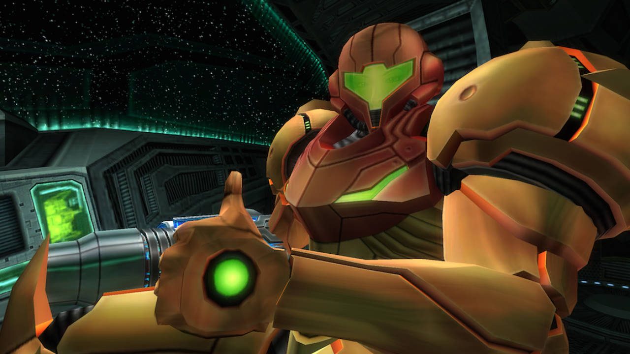 Samus gives a thumbs up in Metroid Prime.