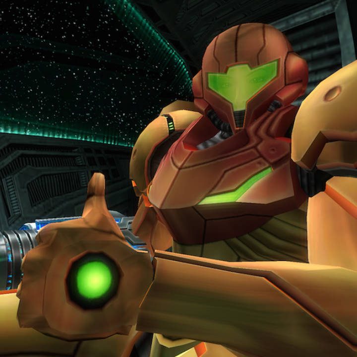 Samus gives a thumbs up in Metroid Prime.