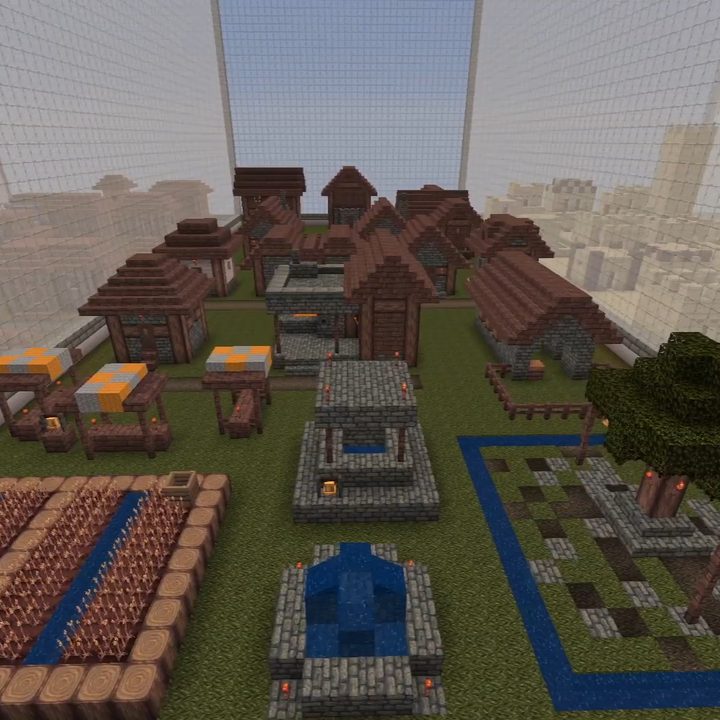 A Minecraft build featuring buildings and terrain.