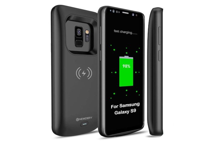 Newdery 4,700mAh Wireless Charging Battery Case on the Samsung Galaxy S9, showing the front, rear, and side views.