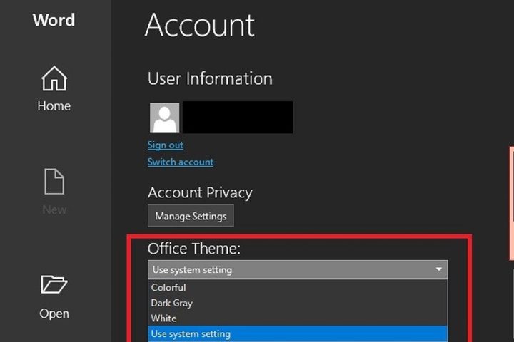 MS Office app dark mode setting screenshot