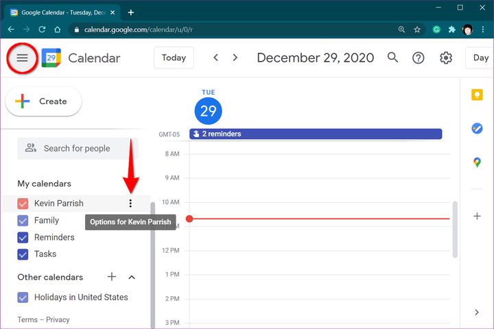 Open Sharing Options in Google Calendar