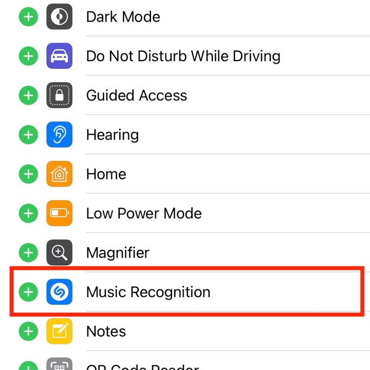 Shazam in iOS 14 Control Center.