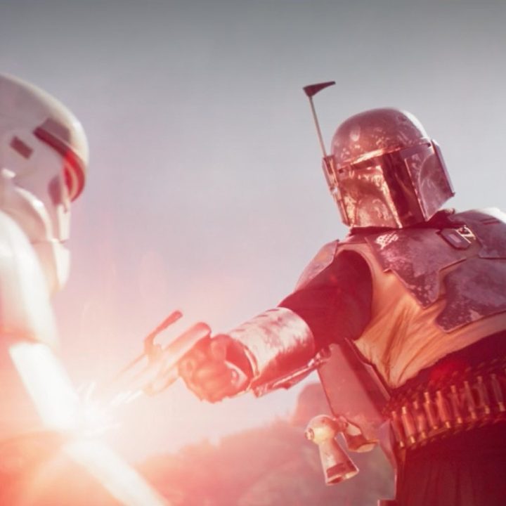 Boba Fett blasting a stormtrooper in a scene from The Mandalorian.