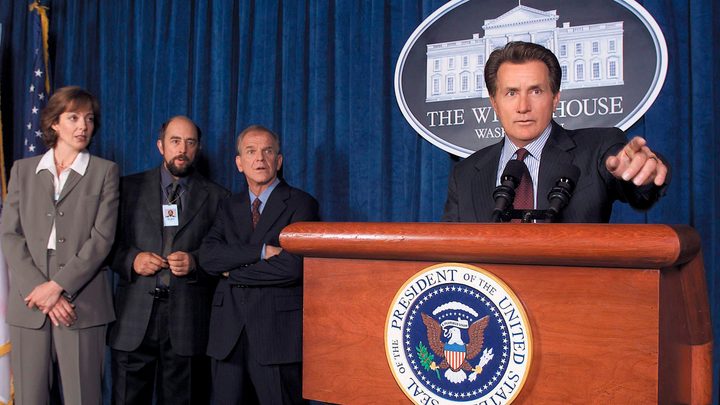The West Wing on HBO Max shows the president standing at a podium, addressing the press.