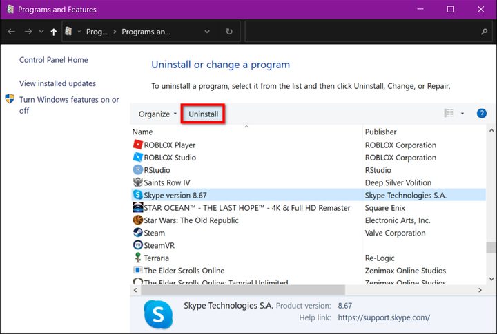 Uninstall Skype Control Panel