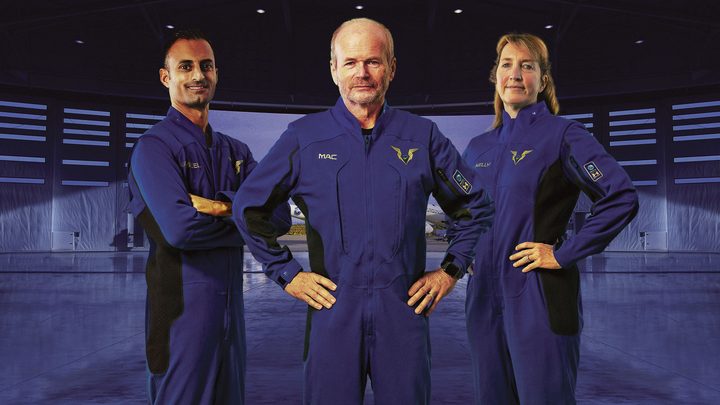 Virgin Galactic pilot spacesuits, modelled by Virgin Galactic Pilot Jameel Janjua, Virgin Galactic Chief Pilot Dave Mackay, and Virgin Galactic Pilot Kelly Latimer 