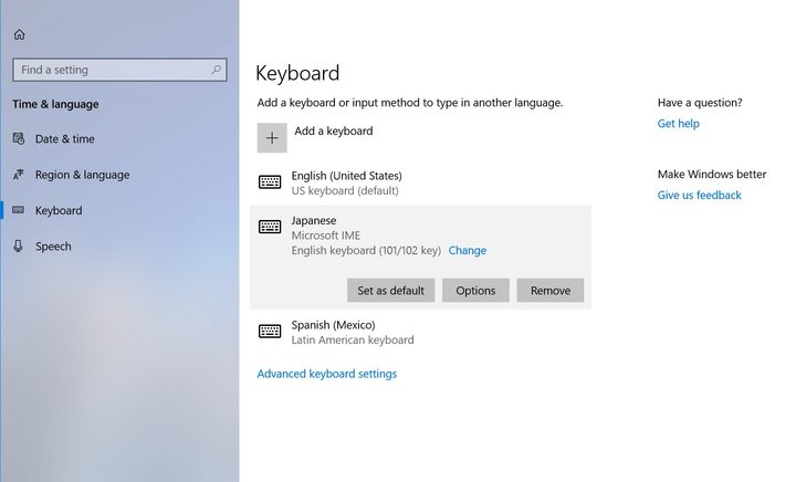 Changing keyboard language in Windows 10.