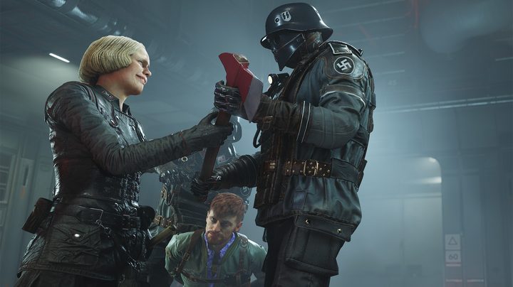 A nazi hands another an axe in wolfenstein 2