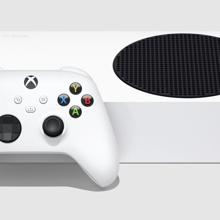 Xbox Series S console on a grey background.