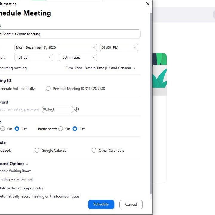 Zoom desktop app screenshot showing the Schedule Meeting screen and its options.
