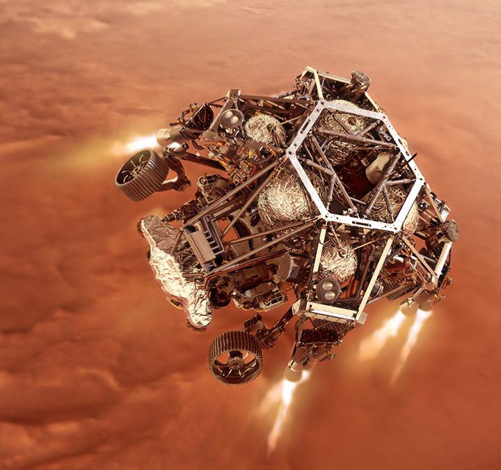 An illustration of NASA’s Perseverance rover as it fires up its descent stage engines