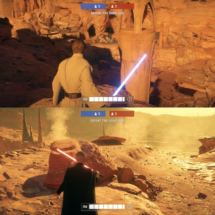 Battlefront 2 split-screen with Obi Wan and Duku.