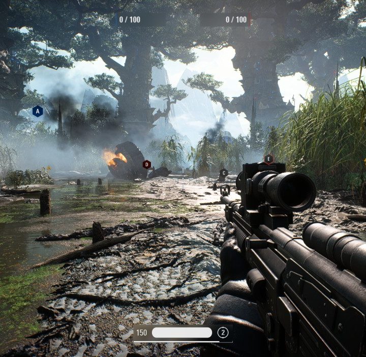 A soldier running through an alien swamp in Star Wars: Battlefront II..