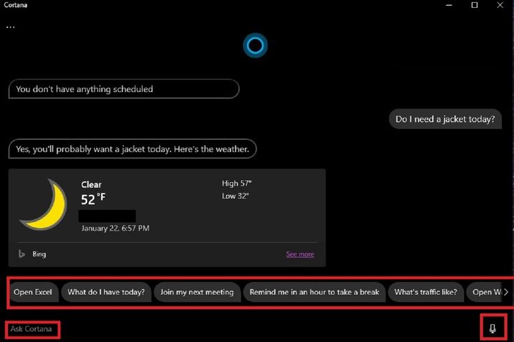 Cortana main screen screenshot