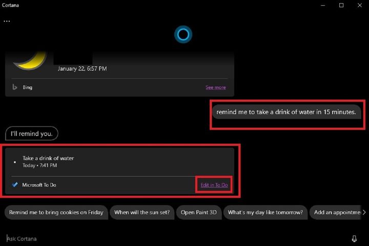 Cortana set reminder screenshot