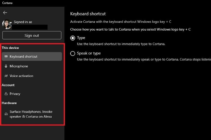 Cortana set-up settings screenshot