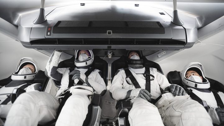 Members of the SpaceX Crew-2 mission to the International Space Station participated in training in Hawthorne, California, on Jan. 11, 2021. Pictured from left are ESA (European Space Agency) astronaut Thomas Pesquet, NASA astronauts Megan McArthur and Shane Kimbrough, and Japan Aerospace Exploration Agency (JAXA) astronaut Akihiko Hoshide.