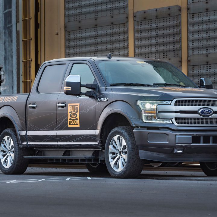 An all-electric Ford F-150 prototype during a capability test.