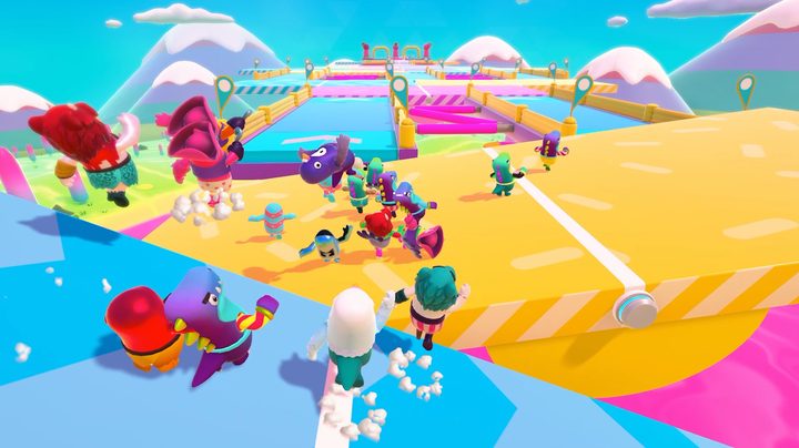 A group of beans running across tilting platoforms.