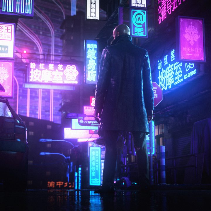 Agent 47 standing on a rainy street in China.