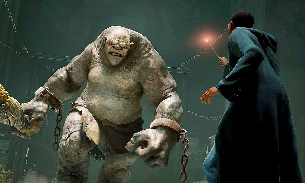 A student waving a wand in Hogwarts Legacy.