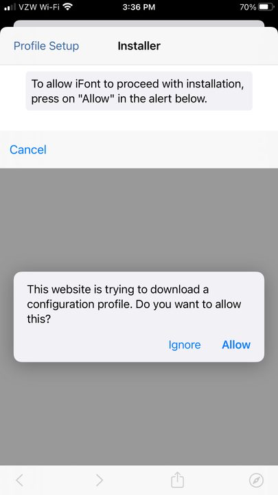 Image of iFont Installer Allow Button