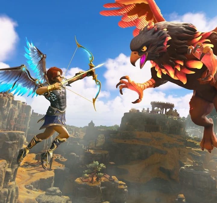 Fenyx drawing a bow in Immortals Fenyx Rising.