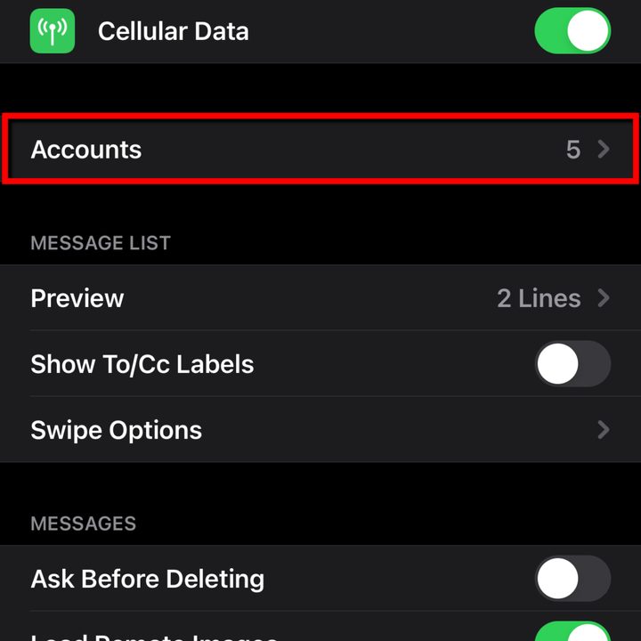 iPhone Settings Mail Select Accounts