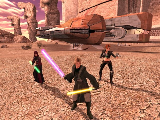 Star wars characters with lightsabers in KOTOR.