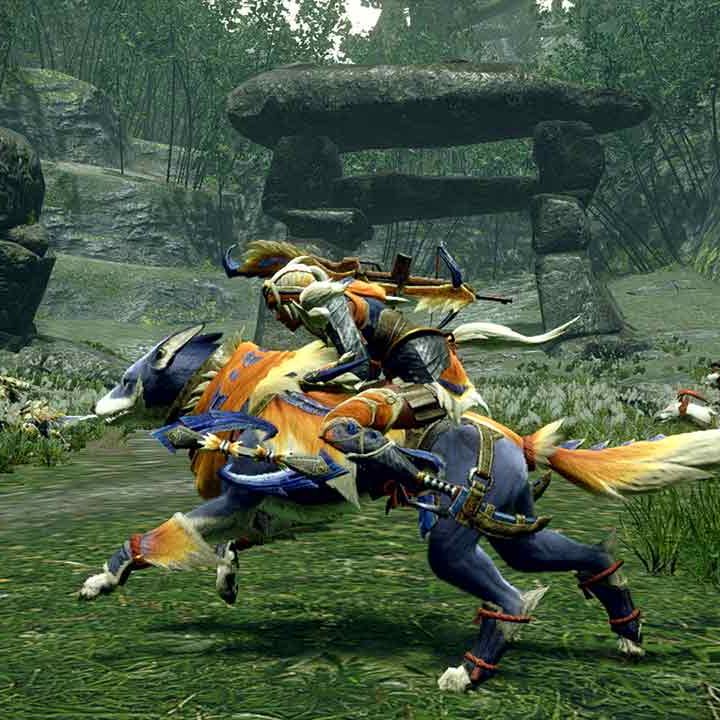 A hunter rides a palmute in Monster Hunter Rise.