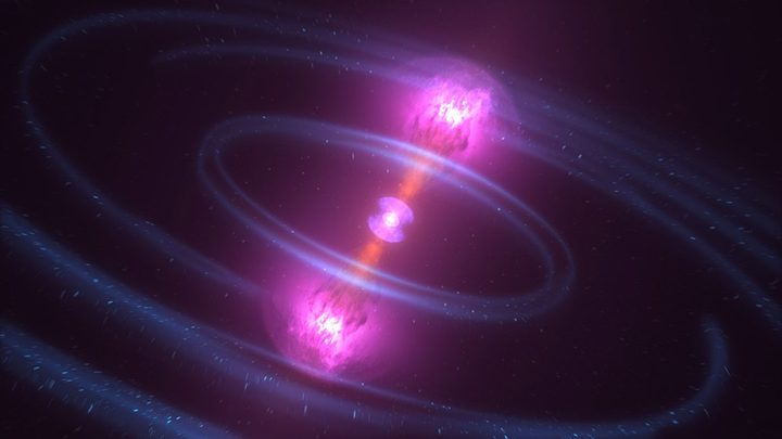 As neutron stars collide, some of the debris blasts away in particle jets moving at nearly the speed of light, producing a brief burst of gamma rays.