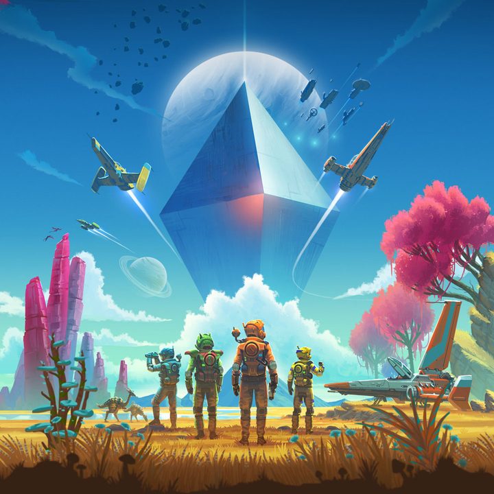 A group of astronauts looking at an alien horizon.