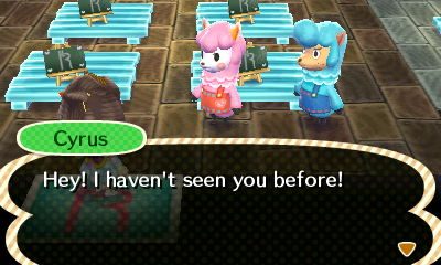 Cyrus greeting pink and blue llama villagers.