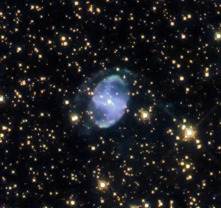 This Hubble image shows ESO 455-10, a planetary nebula located in the constellation of Scorpius. The color image is composed of near-infrared and optical observations from Hubble’s Wide Field Camera 3 (WFC3). Four filters were used to sample various wavelengths. The color results from assigning different hues to each monochromatic image associated with an individual filter.