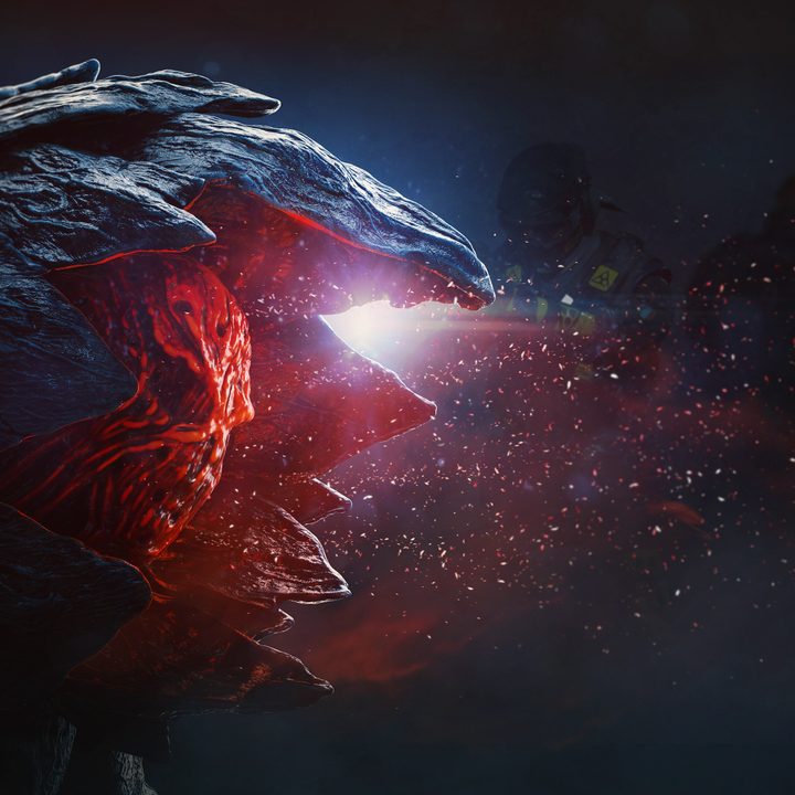 A squad looks at a red alien spore in Rainbow Six Extraxction.