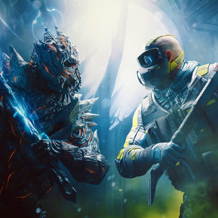 An alien and squad member face off in Rainbow Six Extraction.