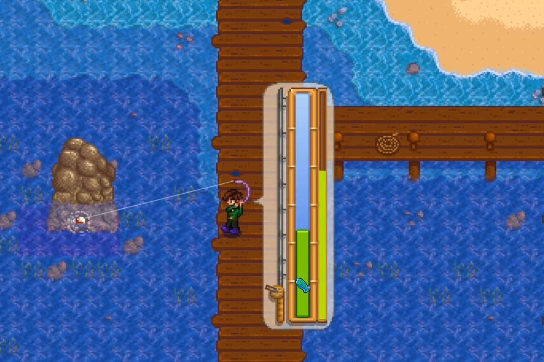 A character fishing in Stardew Valley.