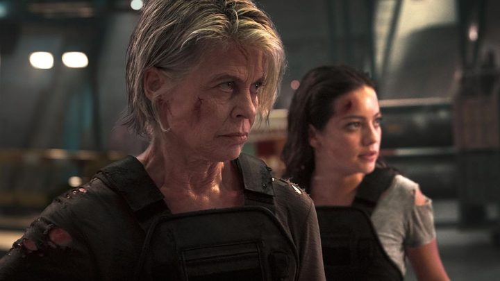 Linda Hamilton and Natalia Reyes in Terminator: Dark Fate.