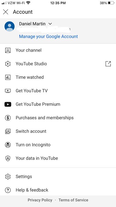 Image of YouTube App Account Menu