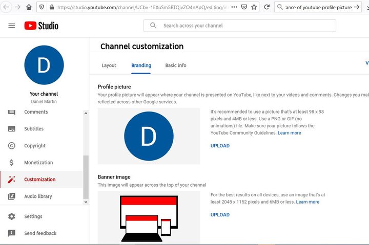 Image of YouTube Profile Picture Upload Image Button