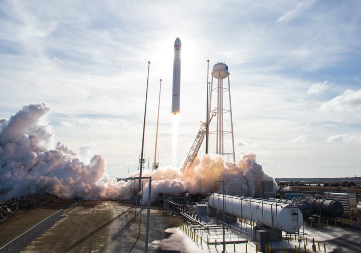 The Northrop Grumman Antares rocket, with Cygnus resupply spacecraft onboard, is seen launching from Pad-0A at NASA's Wallops Flight Facility in Virginia on Feb. 15, 2020. The Cygnus spacecraft will carry approximately 8,000 pounds of research, supplies, and hardware to the International Space Station during the commercial provider’s upcoming cargo resupply mission for NASA.