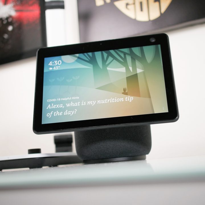 Amazon Echo Show 10 (3rd Gen) on angle table.