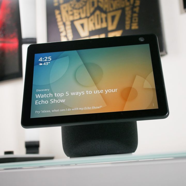 Amazon Echo Show 10 (3rd Gen) angled on desk