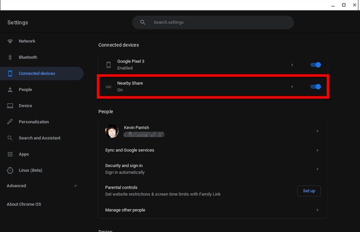 Chrome OS Nearby Share Toggle